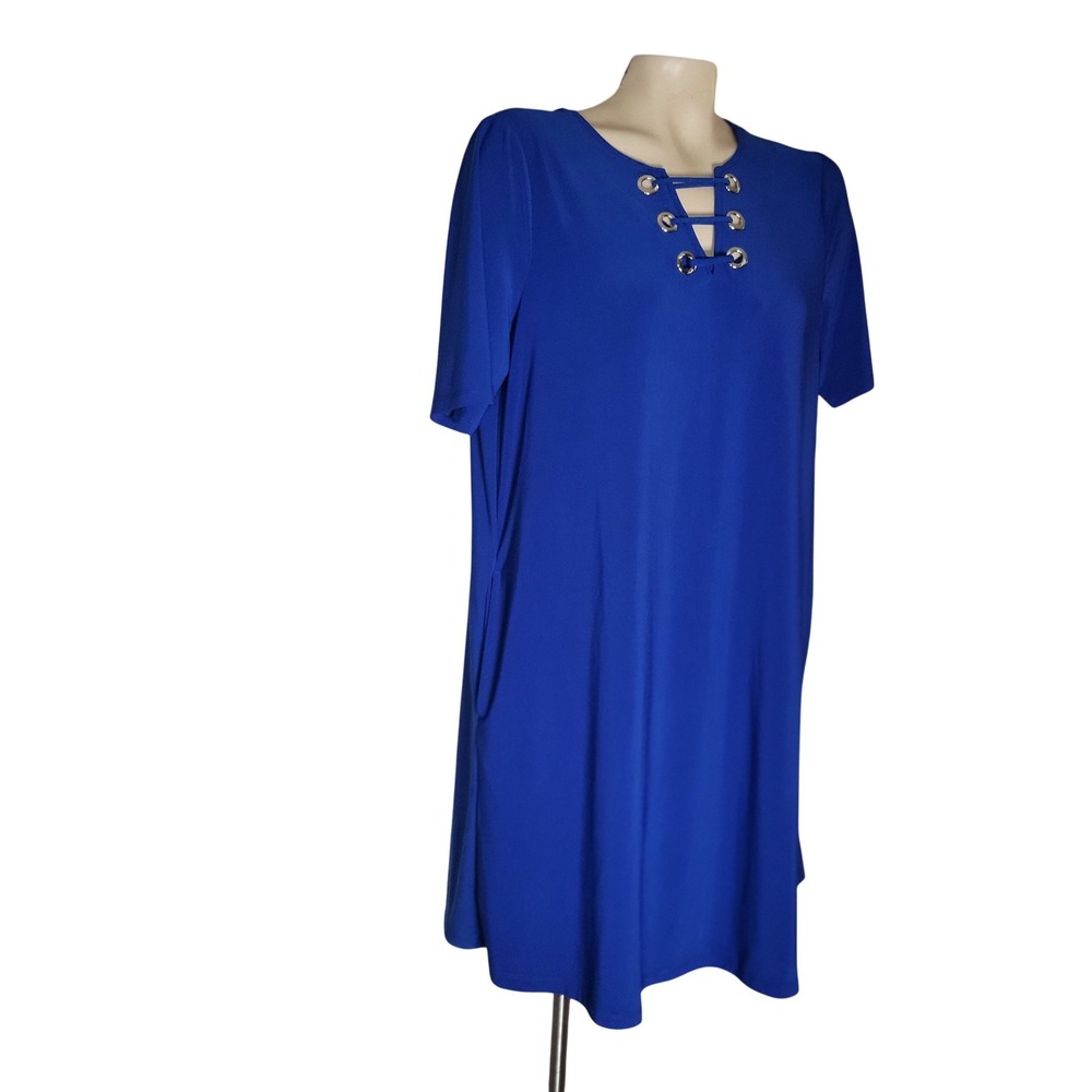 Nina Leonard Royal Blue‎ Lace Up Grommet Neck Shift Dress Pockets M